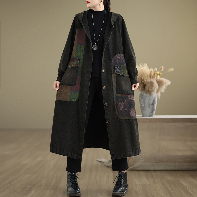 Picture of Real shot in stock autumn coat vintage stitching hat Denim coat loose large version long windbreaker coat