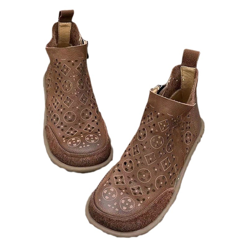 Platinum Disi 2025 Summer New Handmade Casual Fashion Retro Soft Bottom Round Head Ethnic Style Hollow Leather Women's Shoes