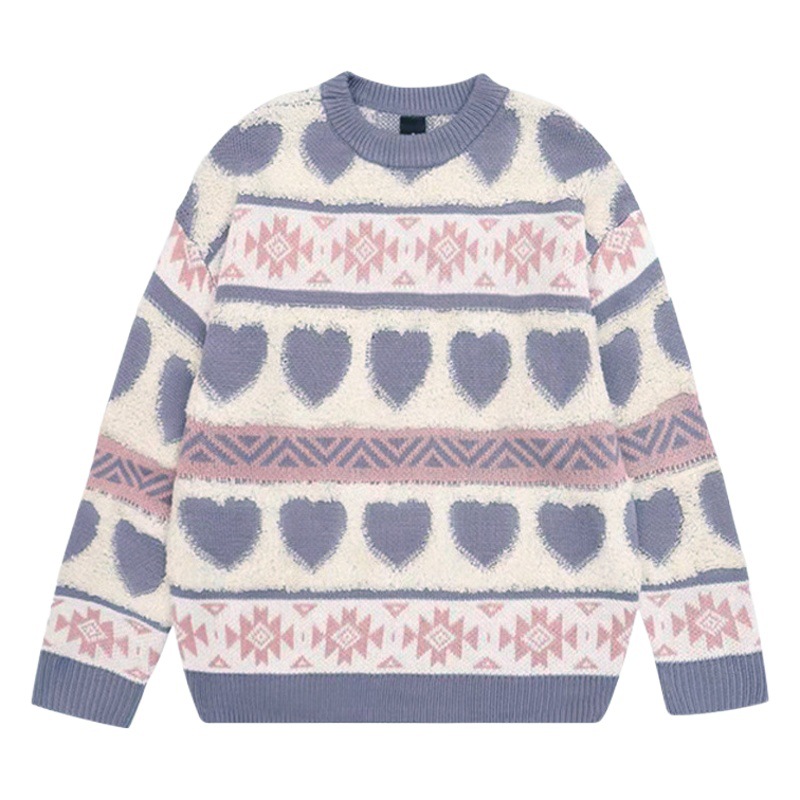 Japanese Soft Waxy Love Jacquard Knitted Sweater Women's 2024 New Autumn and Winter Loose Outer Wear Lazy Wind Thickened