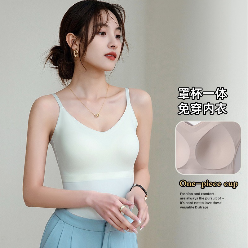 2024 Summer New Women's Ice Silk Non-marking Sling Vest with Chest Pad One-piece V-neck Simple Beautiful Back Outer Wear Top