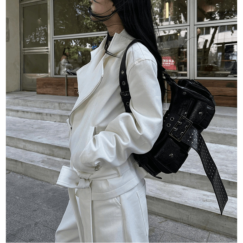 American Retro White Lapel Outwear for Women Spring & Fall New Style Small Short Style Loose Motorcycle Jacket Top