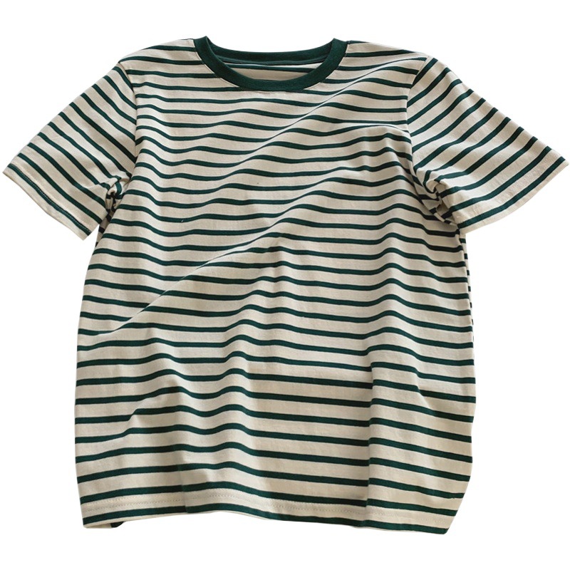 White Retro Green Striped Short-sleeved T-shirt Women's Loose Slimming Cotton All-match Base-layer Shirt Top for Students in Summer