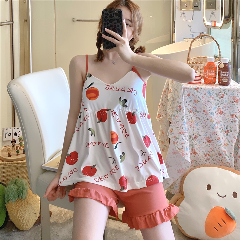 Summer cute suspender shorts pajamas women's peach with chest pad girl's milk Silk Loose homewear suit