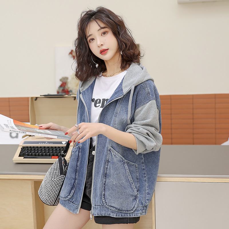 Picture of Hooded Denim Jacket for Women 2025 Spring & Fall New Style Splicing Loose Large Size Short Zipper Spring Top for Small People