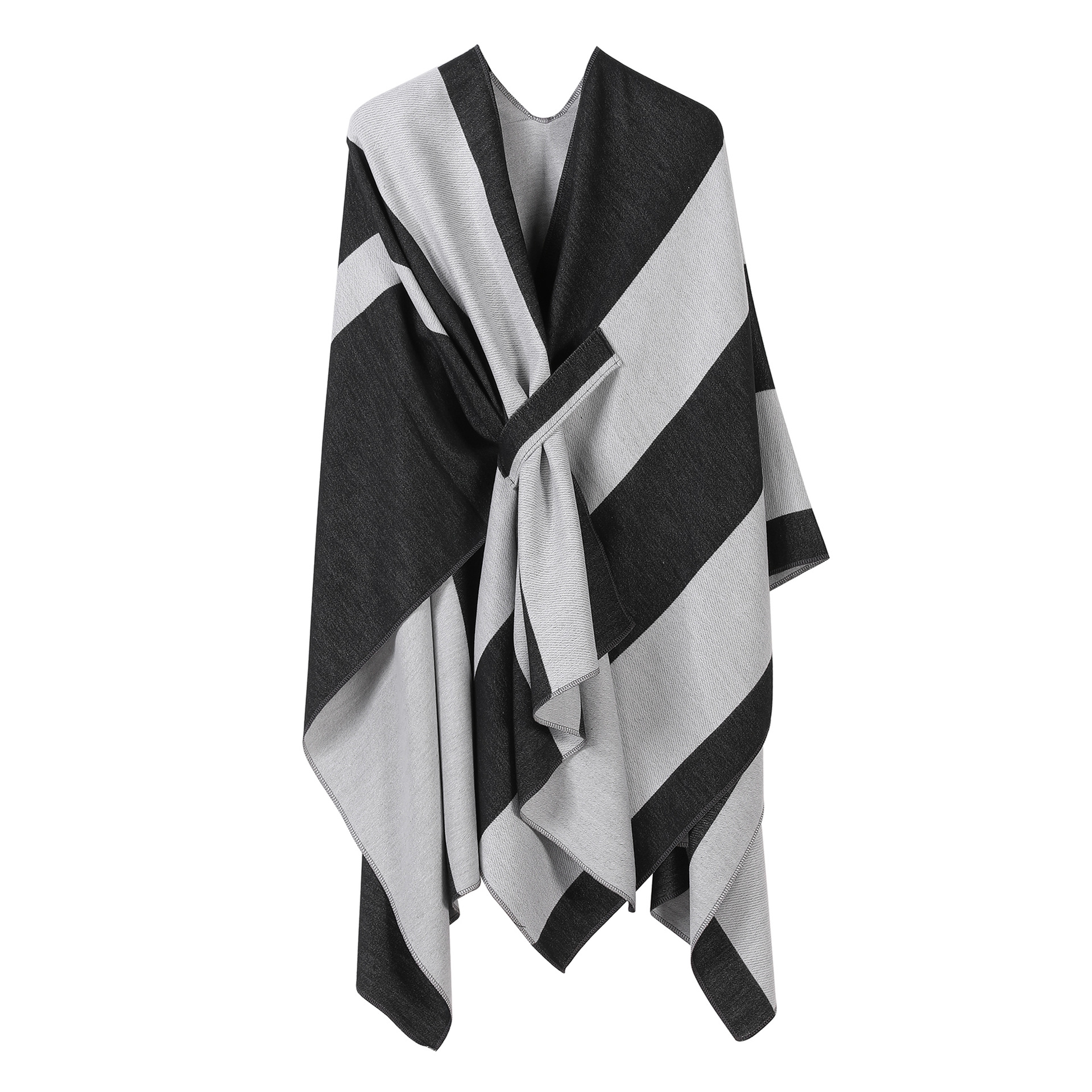 2025 new striped contrast color French cross-border European and American shawl with bar split double-sided fashion versatile travel clap cape