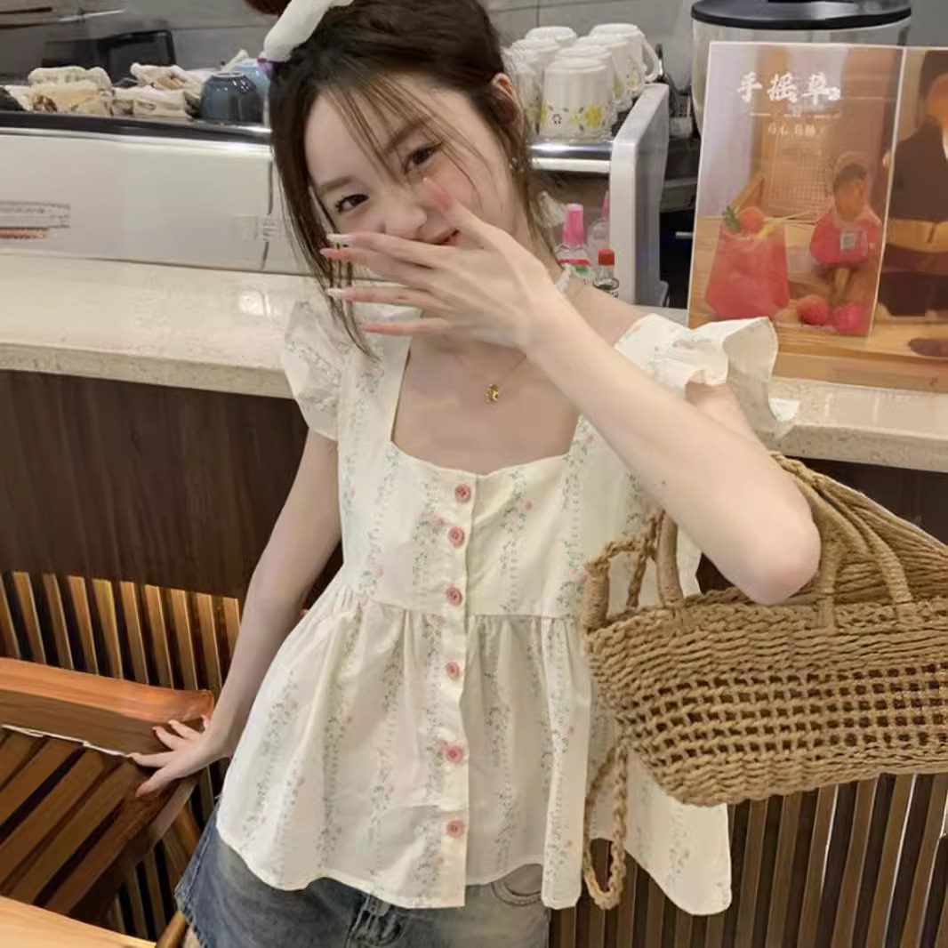 French Ruffled Vest Small Flying Sleeve Floral Small Sling Women's Summer Short Doll Shirt Sleeveless Top