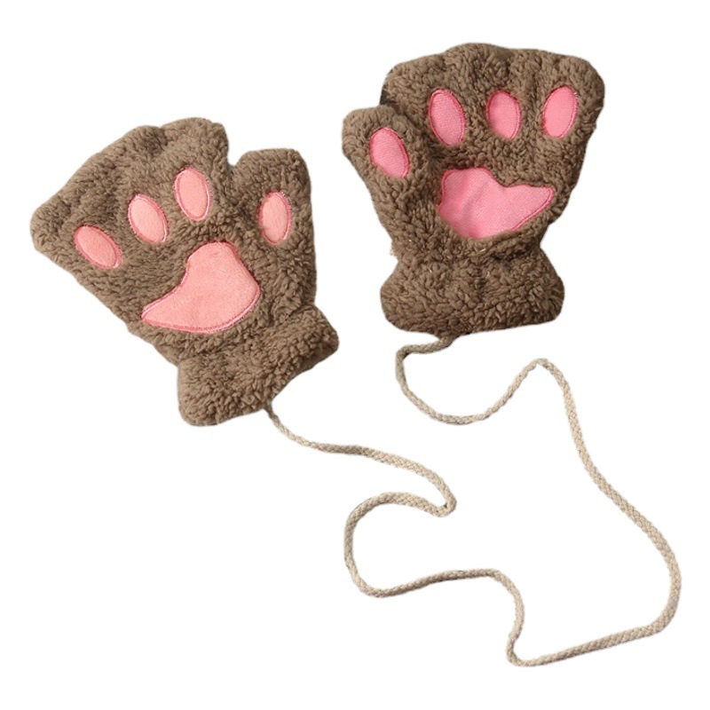 Half-Finger Cartoon Gloves Women's Winter Cute Extra-Finger Gloves Thickened Fluffy Bear's Paw Half-Finger Cat's Paw Cross-Border Gloves