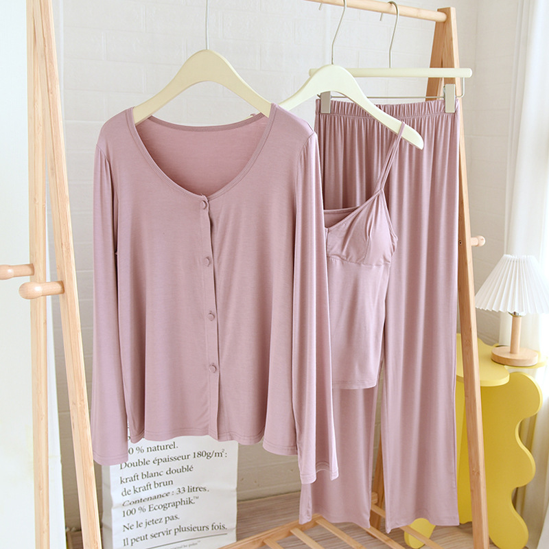 New modal women's summer with chest pad Cup integrated home wear long sleeve thin home three-piece set can be worn outside