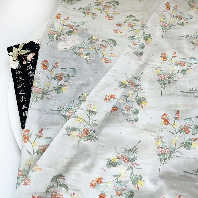 Romantic Floral New Chinese Style Digital Print Embroidery Fabric Hanfu 1.0m Price Cheongsam Dress Fabric