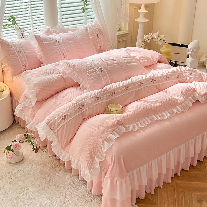 Korean Embroidered Sauer Four-Piece Set Lace Princess Style Washing Cotton Quilt Cover Bed Skirt Single and Double Bed Top Supplies