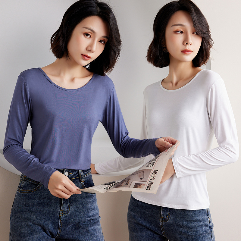 Picture of Women's Round Neck Inner Base Shirt for Autumn and Winter plus size Thin Autumn Clothes Solid Color Underwear Long-sleeved T-shirt for Women