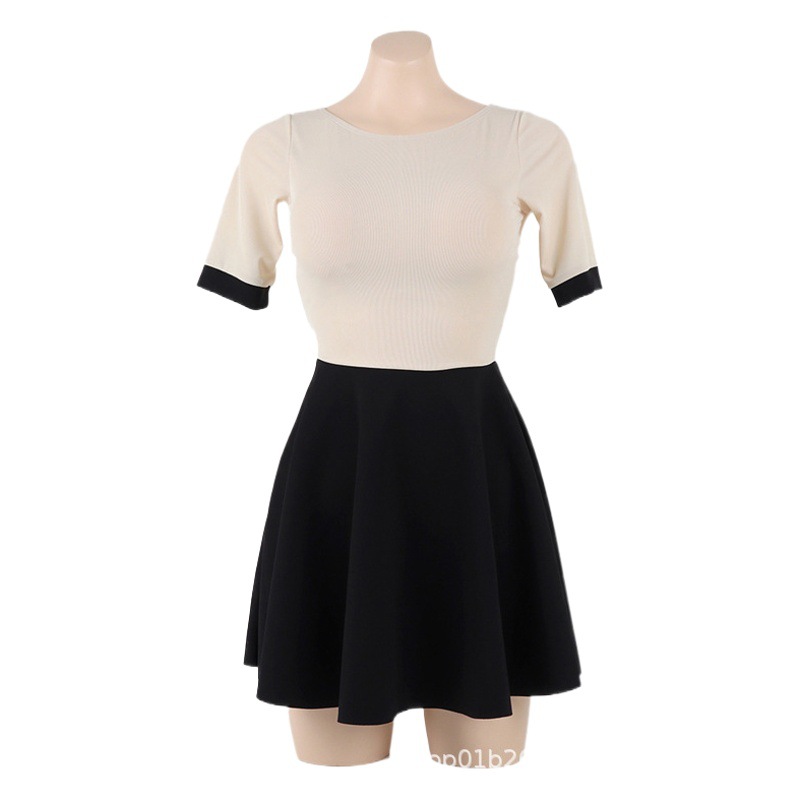 South Korea's New Hot Spring Swimsuit Sexy Slim-fit Belly Covering Backless Color Matching Color Contrasting Conservative One-piece Skirt Swimsuit for Women