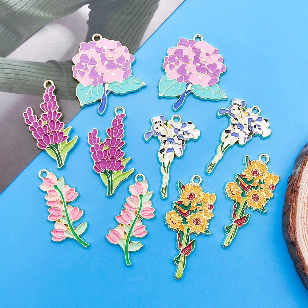 Picture of Mix 10 Botanical bouquet of lily orchid sunflower carnation alloy pendant DIY bracelet jewelry accessories pendant