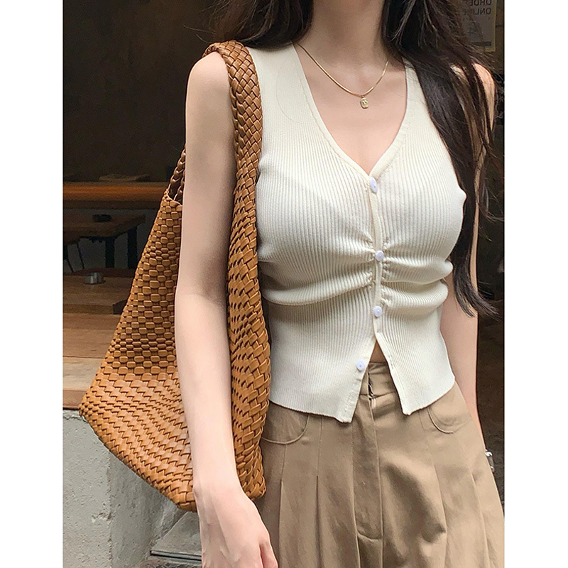 Ice silk cardigan thin V-neck sleeveless sweater women's summer niche French hot girl Waistcoat Vest outer wear