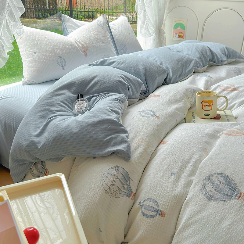 Picture of Class A Maternal and Infant Grade Fresh Small Zhu Cotton Four-piece Set Washed Cotton Bed Sheet Quilt Cover Three-piece Set for Student Dormitory