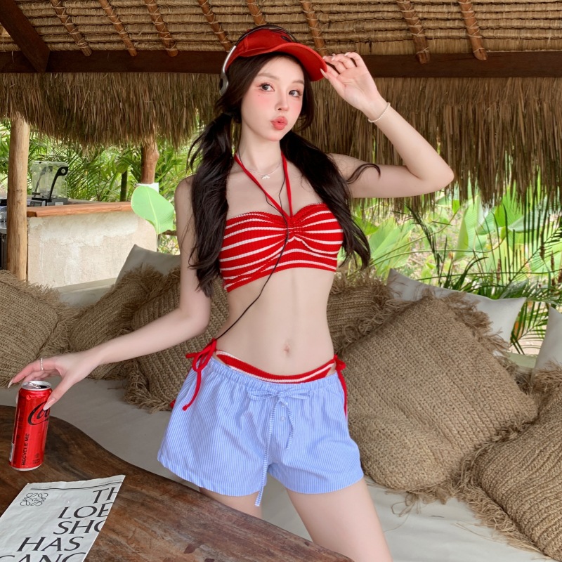 Japanese Striped New Sexy Neck Backless Strap Loose Shorts Split Three-piece Set Student Girl's Swimsuit for Women