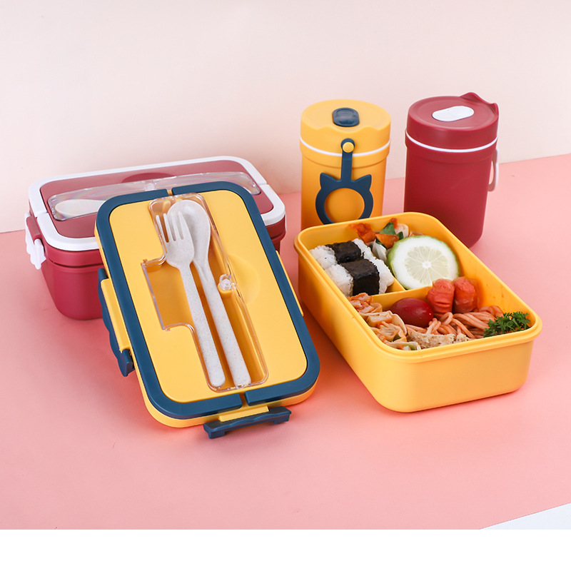 Picture of Japanese style lunch box with handle microwave oven plastic lunch box wheat straw compartment lunch box cross border