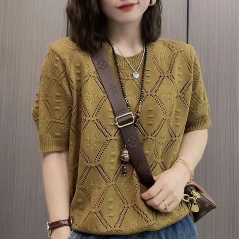 French style hollow thin sweater short sleeve women's 2024 Summer new fashion Western style age-reducing loose round neck top
