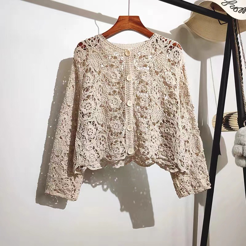 Women's long-sleeved hollow-out knitted cardigan summer wear new crocheted short chic small shirt with skirt air conditioning top