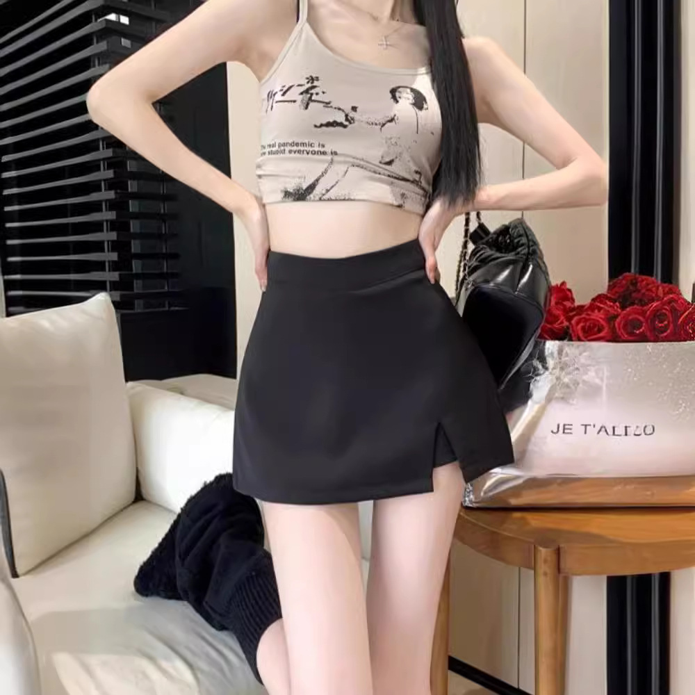 Black Split Skirt Women's Summer 2024 New Sexy Hot Girl Hip High Waist Slim A- line Short Skirt