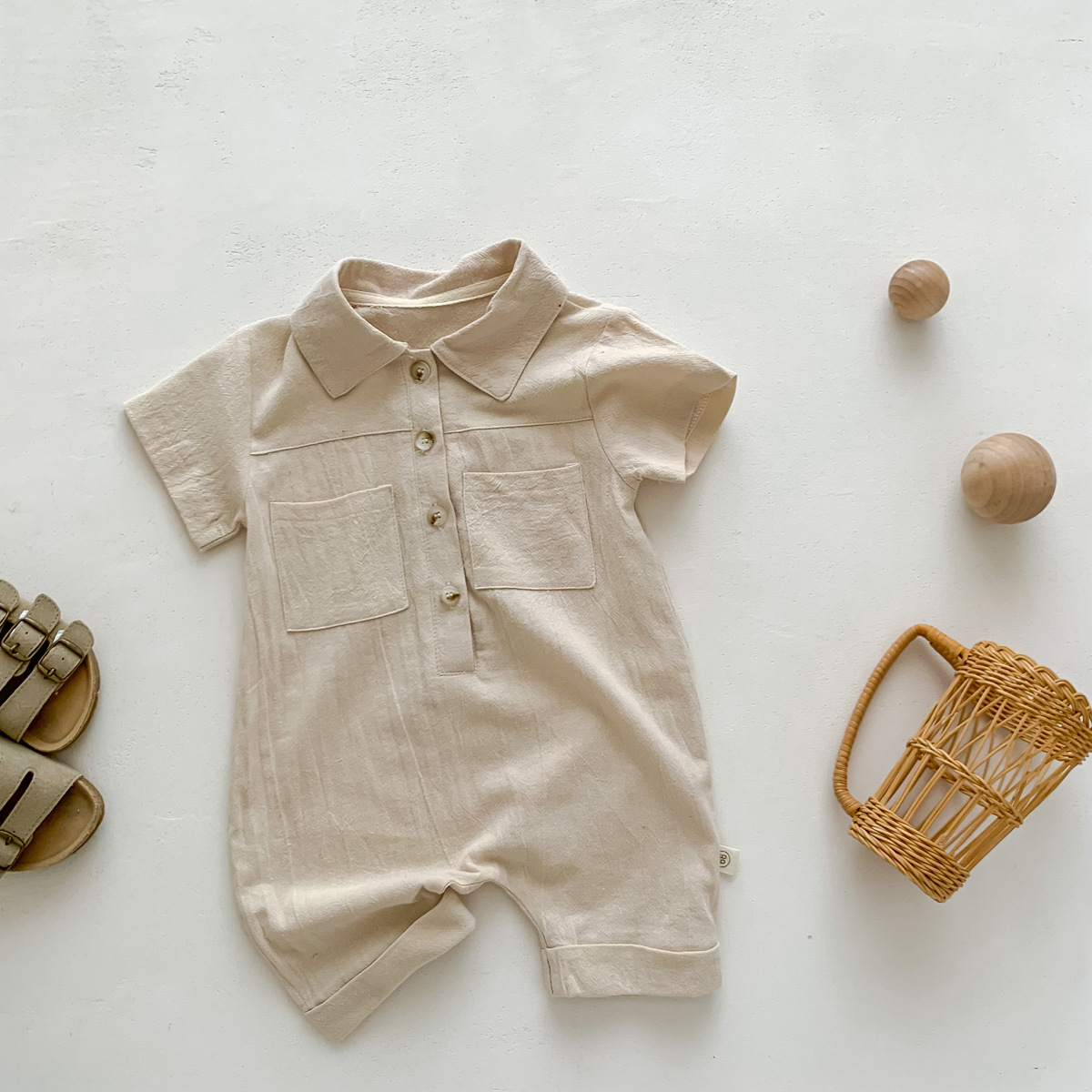 Picture of Summer Boys' Short-Sleeved Jumpsuit, Korean Style Baby Boy's Stylish Front-Buttoned Newborn Girl's Clothes, Crawling Clothes