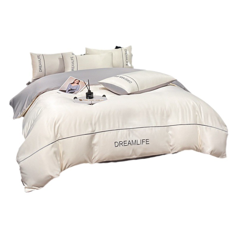 Washed Silk Light Luxury Embroidered Four-Piece Set Summer Ice Silk Bed Sheet Duvet Cover Fitted Sheet Bedding Embroidered Style