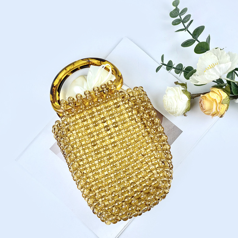 European and American Fashion Vintage Casual Handmade Woven Hollow Beaded Crystal Tortoise Color Portable Acrylic Bucket Women's Bag