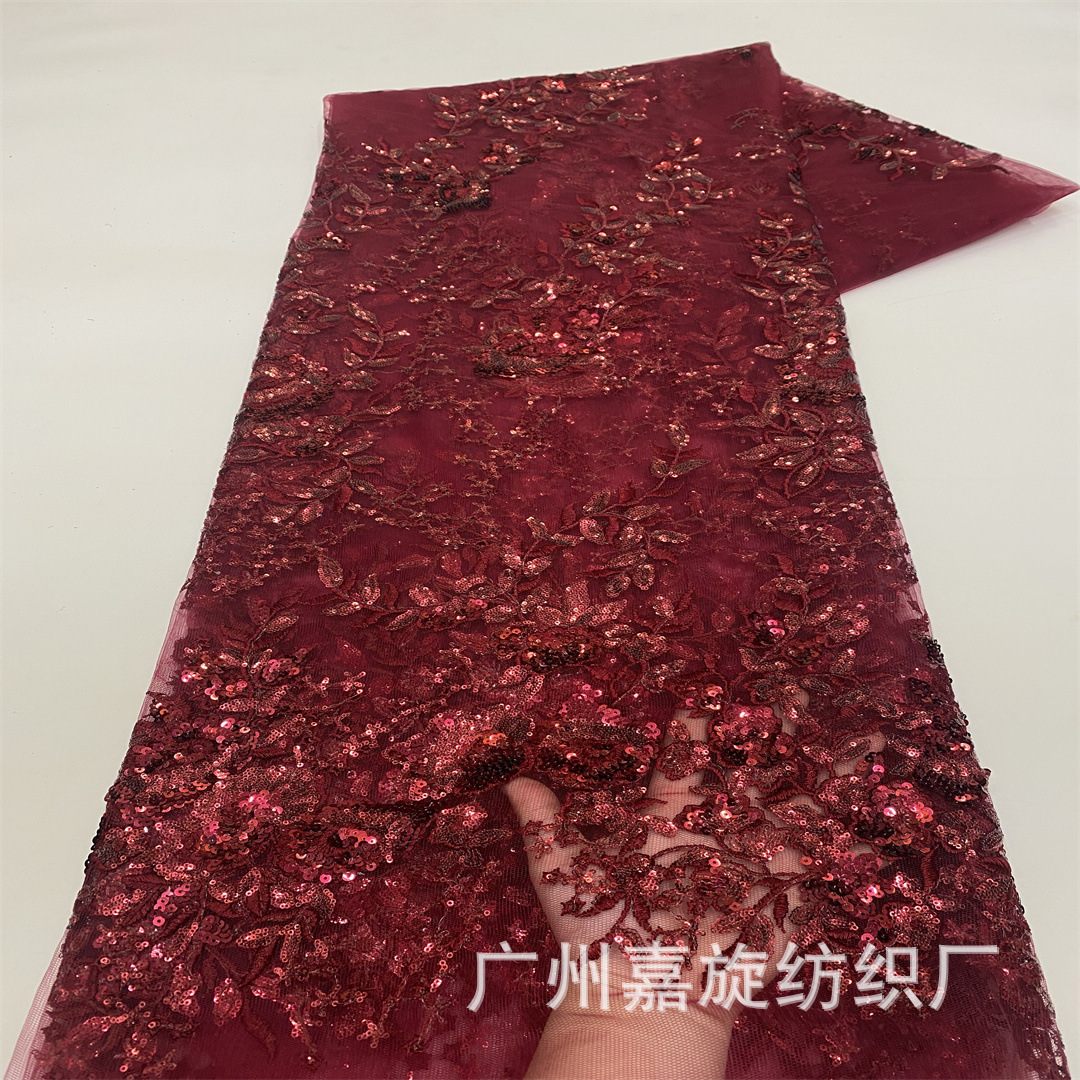 Picture of wine red sequins beads wedding dress fabric embroidered lace fashion stage clothing embroidered cloth sequins lace