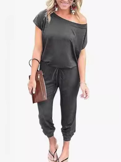 Picture of 2024 European and American Cross-border Spring and Summer Fashion Slanted Shoulder Short-sleeved Flap Pocket Pants Women's Jumpsuit