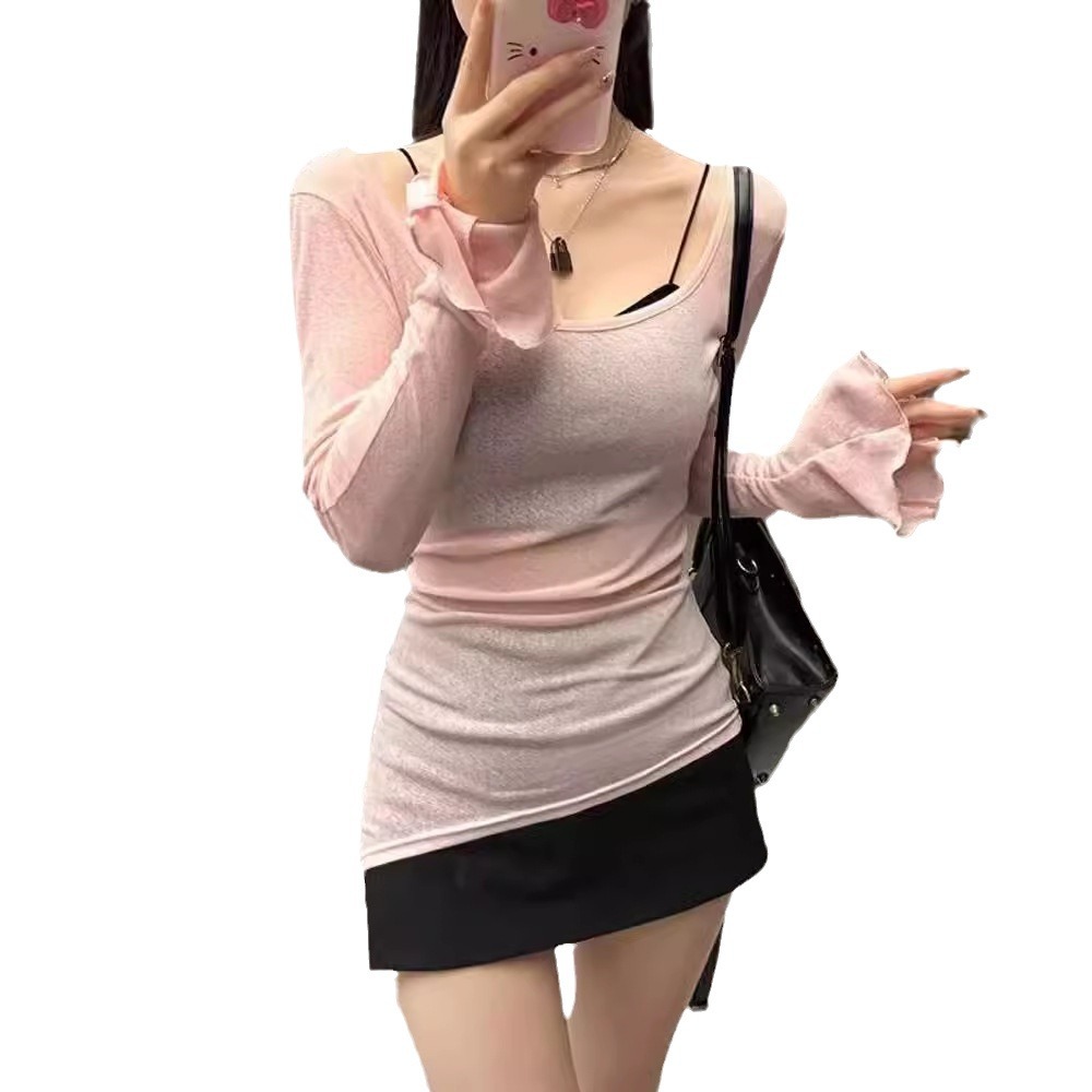 Picture of Pure Desire Hot Girl Sexy Stacked T-shirt Women's Summer Thin Slim-fit Irregular Sun-screen Shirt Beautiful Back suit