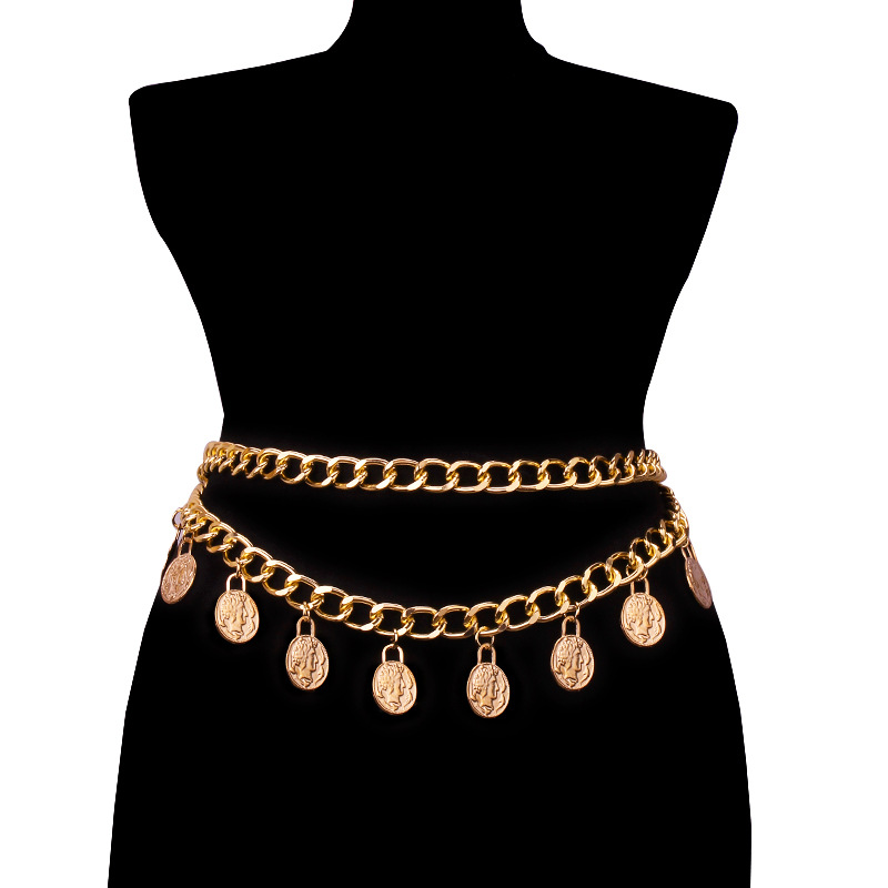 European and American cross-border jewelry vintage coin pendant tassel waist chain female sexy double-layer Queen embossed body chain
