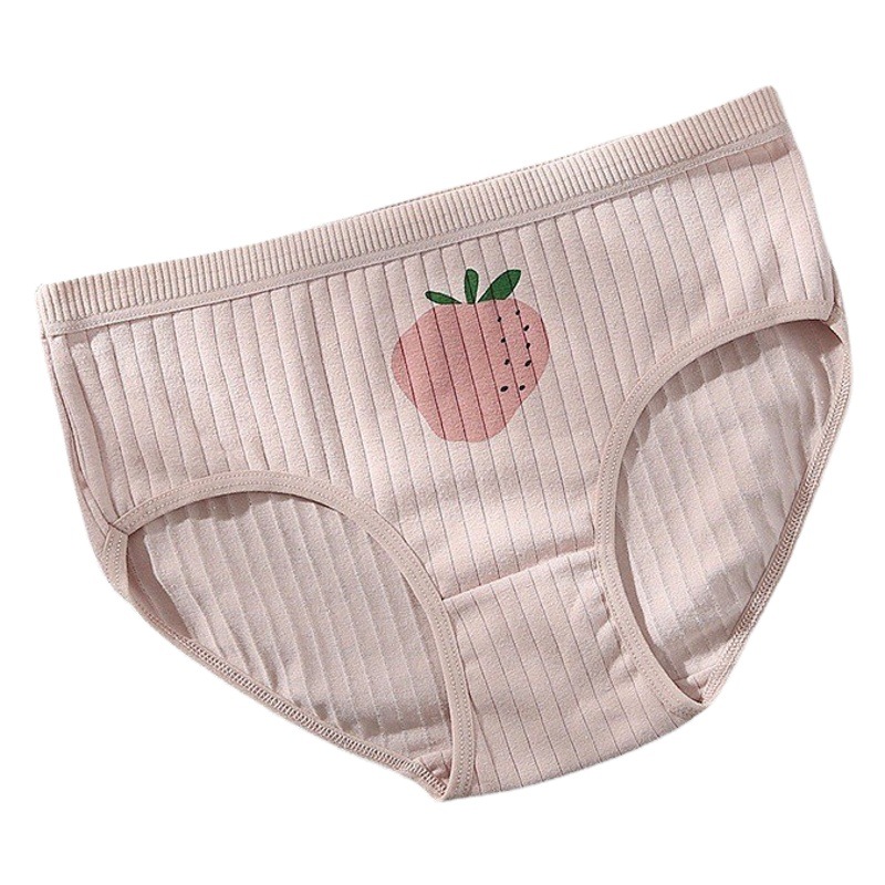 Women's Pure Cotton Underwear with Strawberry Print, Mid-Waist, Plus Size, Sweet and Cute, New Style for Girls and Students, Triangle Briefs