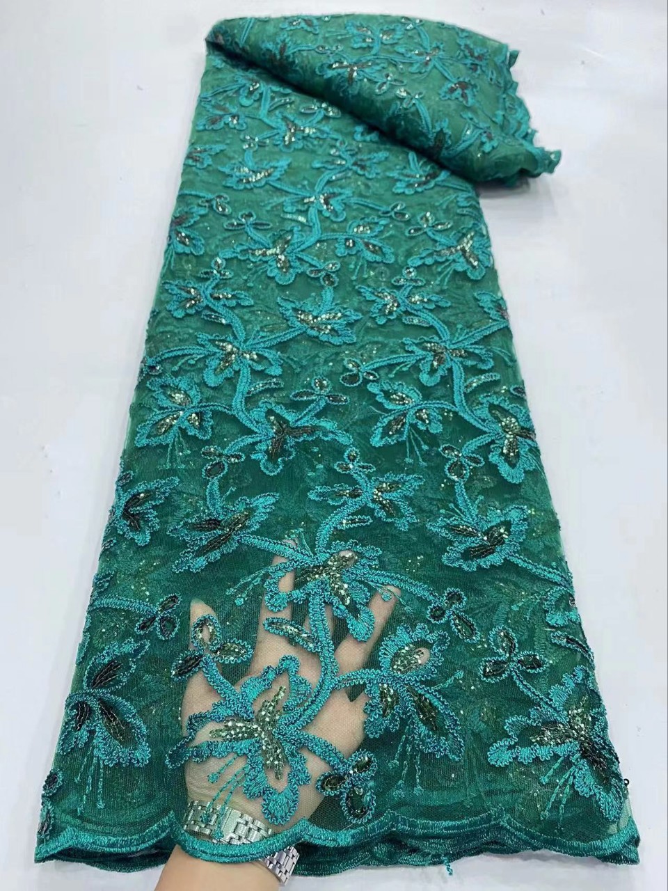 Picture of Summer Hanfu Plant Flower Dress Embroidered Cloth Double Rope Sequin Lace Fabric African Garment Lace JX2296
