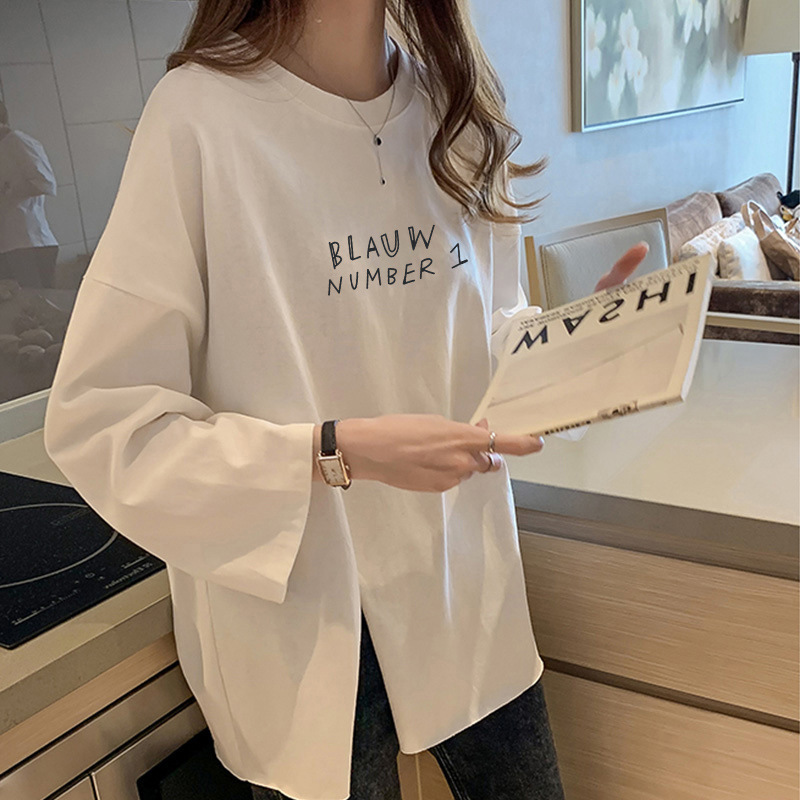 Picture of Plus Size Women's Clothing 2025 New Autumn K-Style Loose Design Slit T-Shirt Long-Sleeved Women's Top Mid-Length Export