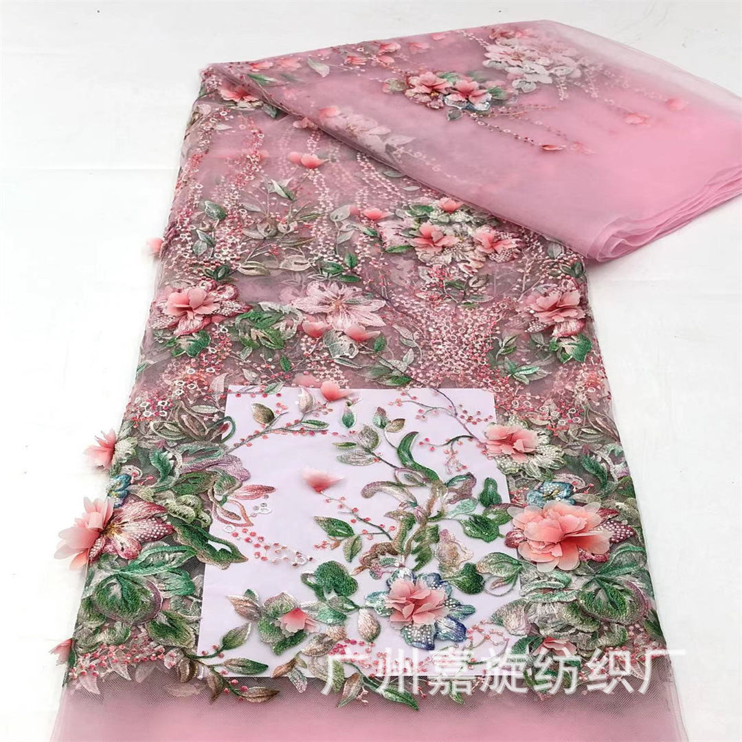 New 3D Floral Dress Tulle Lace Embroidered Fabric European and American Wedding Performance Dress Fabric Flowerlace