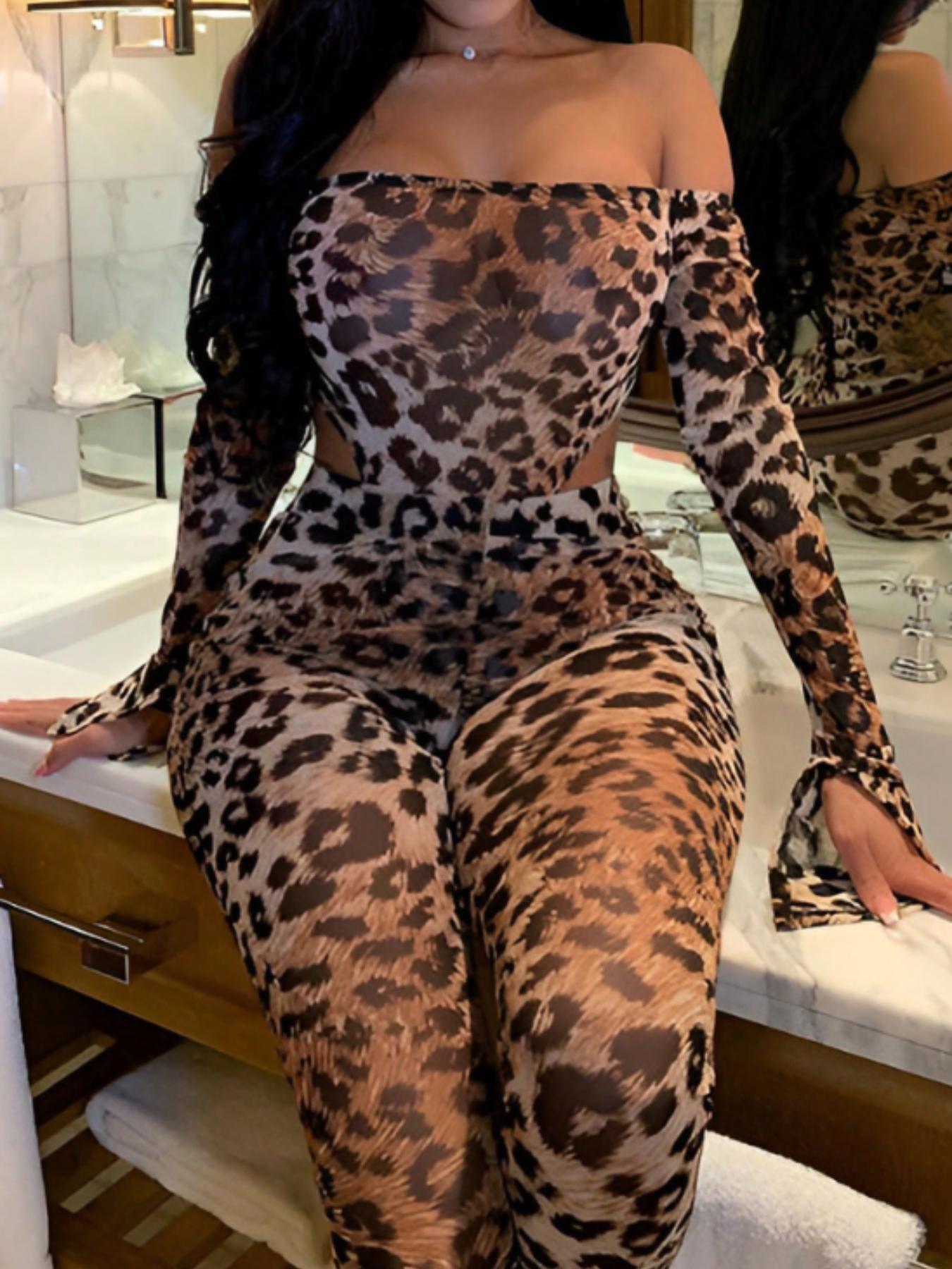Cross-border European and American Women's Sexy Leopard Print Shoulder Flare Sleeve Top Pants Stretch Casual Trousers