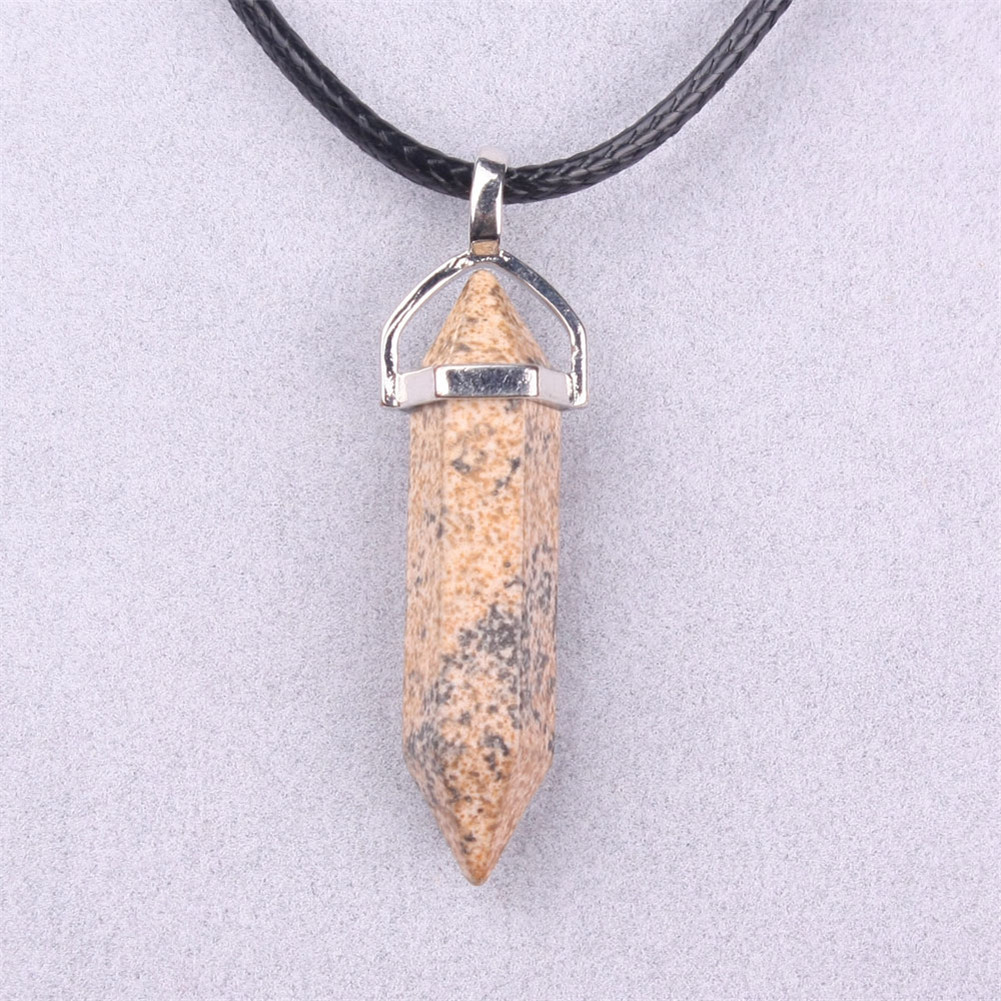 Picture of Natural Stone Hexagonal Pendant European and American Natural Crystal Hexagonal Prism Bullet Hexahedral Black Wax Rope Necklace