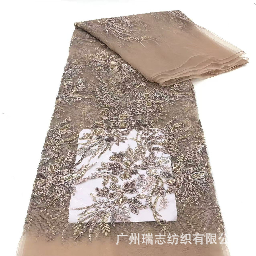 New plant flower bead tube embroidery + positioning printing + sequin embroidery temperament women's dress dress cheongsam fashion clothing fabric