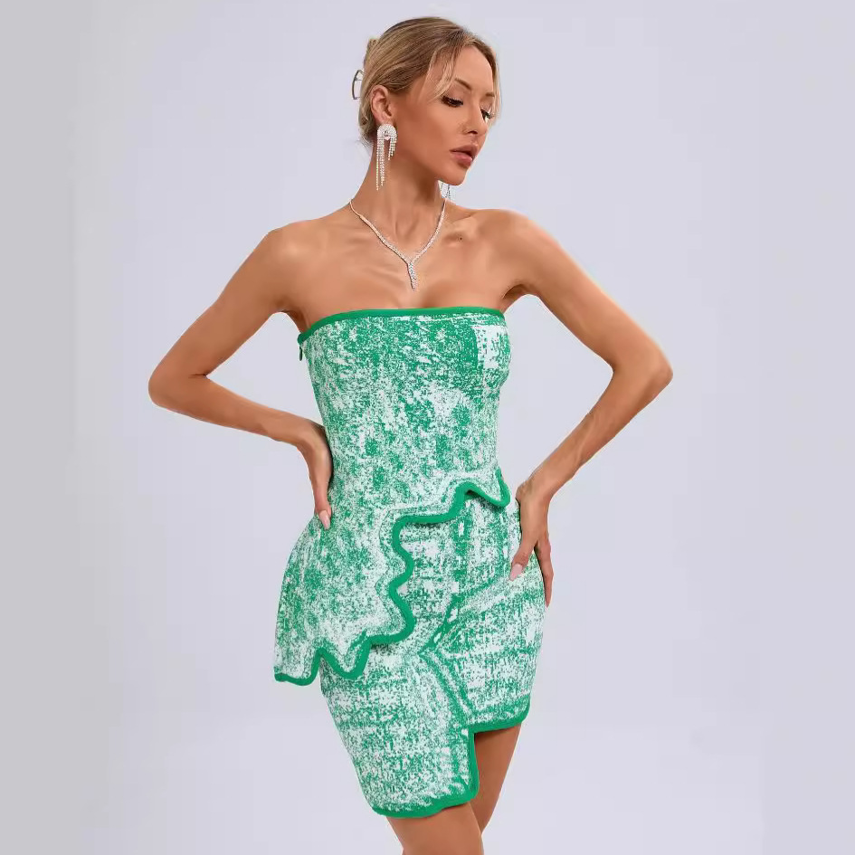 Cross-border European and American New Fashion Sleeveless Tube Top Sexy Irregular Dress Green Jacquard Color-matching Miniskirt suit