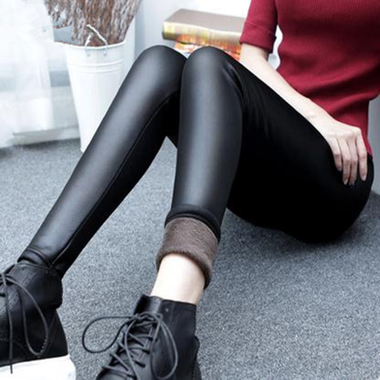 Picture of New Autumn and Winter fleece-lined Thickened Warm Base Pants Women's Outer plus size Tight Pants High Waist Slimming Imitation Leather Pants
