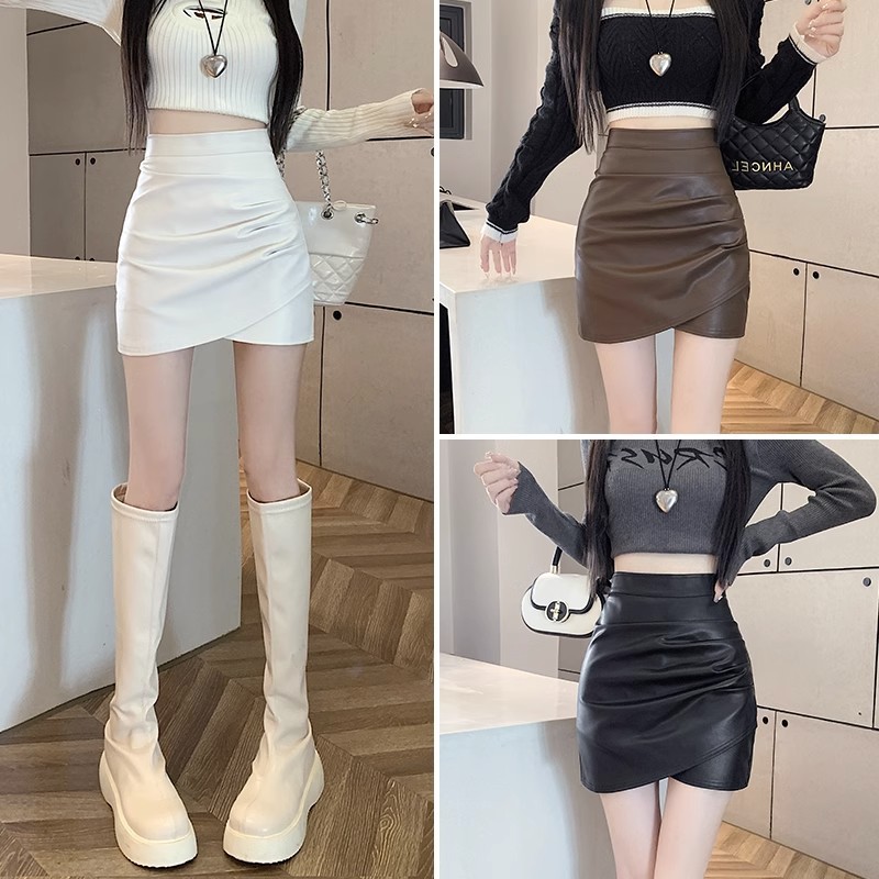 2025pu Leather Skirt Skirt Women's Autumn and Winter Hot Girls High Waist Irregular Skirt Sexy Pleated Tight Hip Skirt