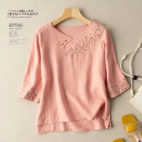 Chinese Style Buckle Embroidered Shirt Women's Artistic Vintage Summer New Cotton Linen Loose Embroidered Seven-Sleeve Top for Women