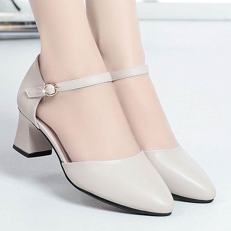 Autumn closed toe chunky heel women's leather shoes mid heel buckle stewardess professional work shoes hollow for a long time not tired feet single shoes