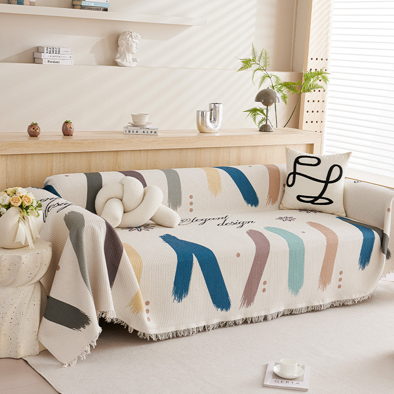 Ins Modern Simple Waffe Printed Sofa Towel Four Seasons Universal One-Piece Polyester Cotton Full-Cover Sofa Cover