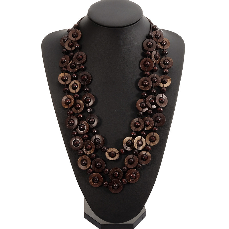 Picture of Bohemian National style necklace coconut shell pendant color multi-layer beads retro woven long necklace women