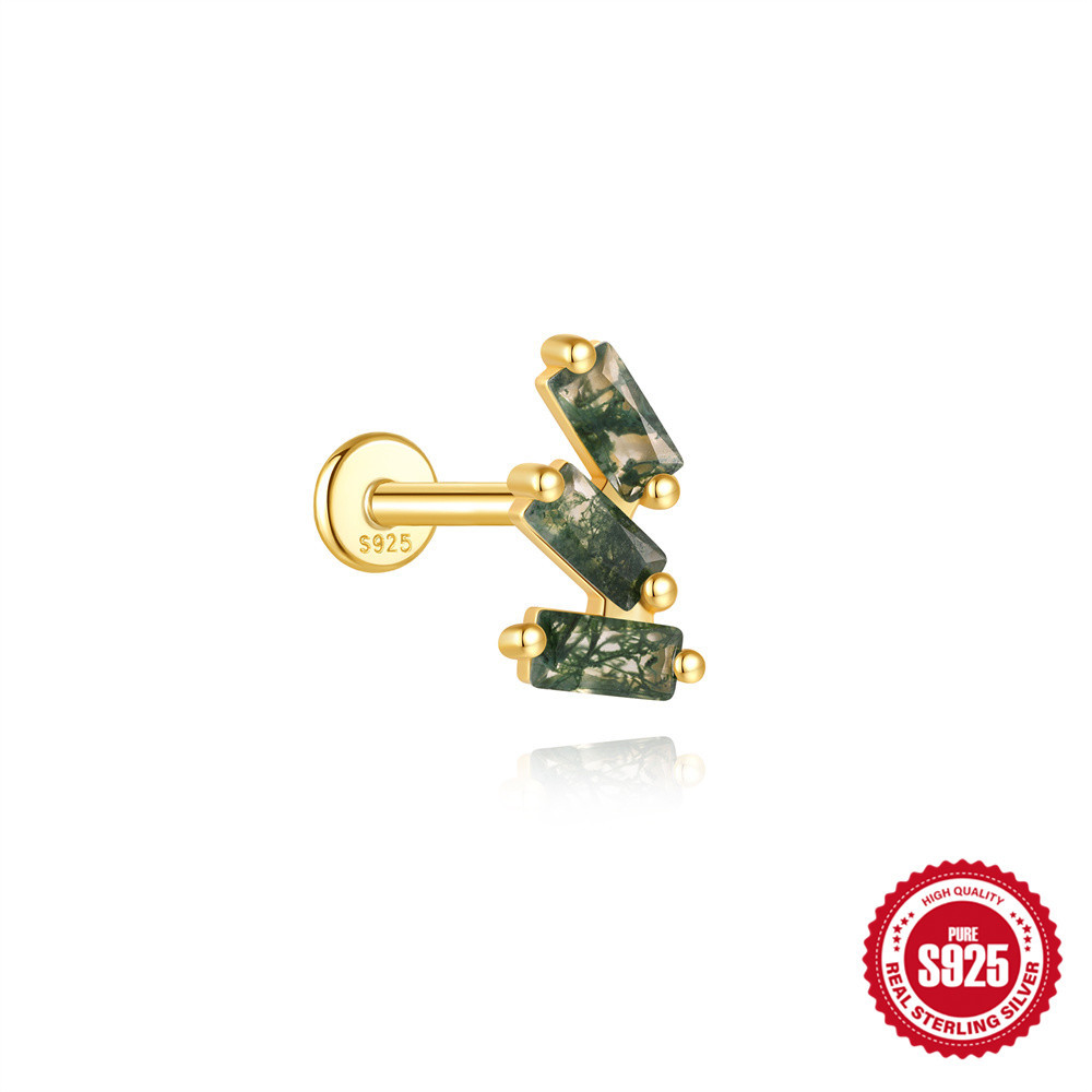 Picture of New S925 Sterling Silver Geometric Splicing Natural Moss Water Grass Water Drop Agate Flat Head Threaded Piercing Earrings