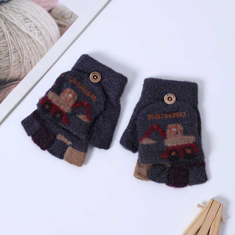Picture of Children's flip gloves autumn and winter boys half finger warm cute Primary School students writing knitted dual-purpose gloves wholesale