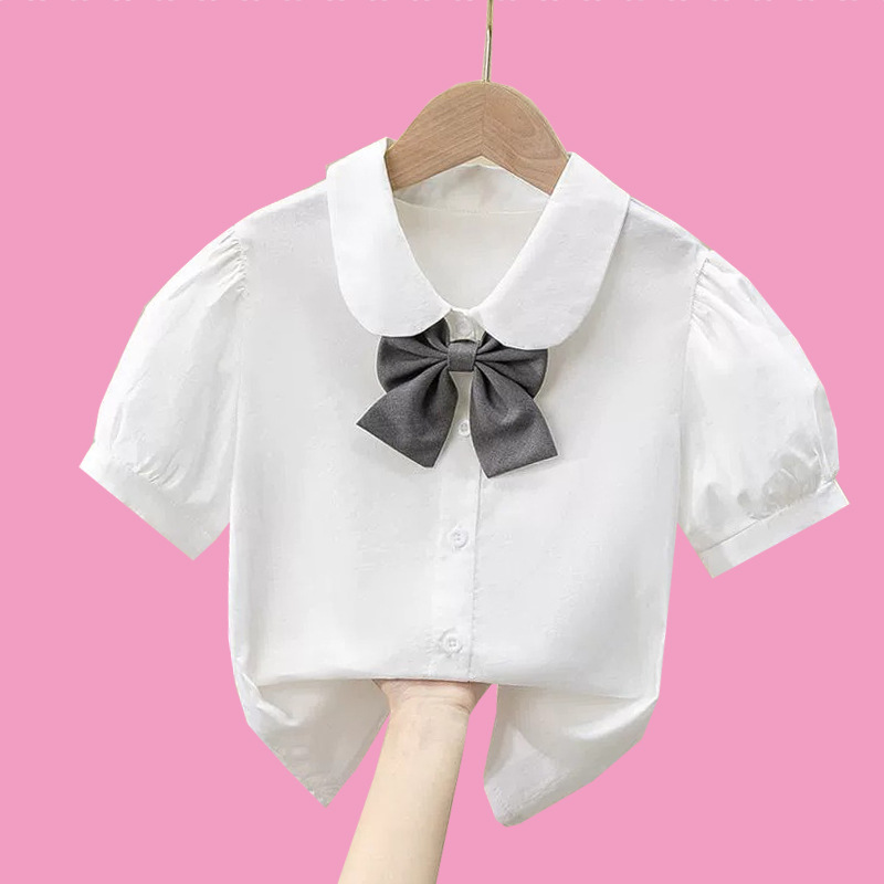Foreign Trade Kidsren's Clothing Girls Summer Short-Sleeved Shirt 2025 Summer Kidsren's Pure Cotton White Doll Collar Top Shirt