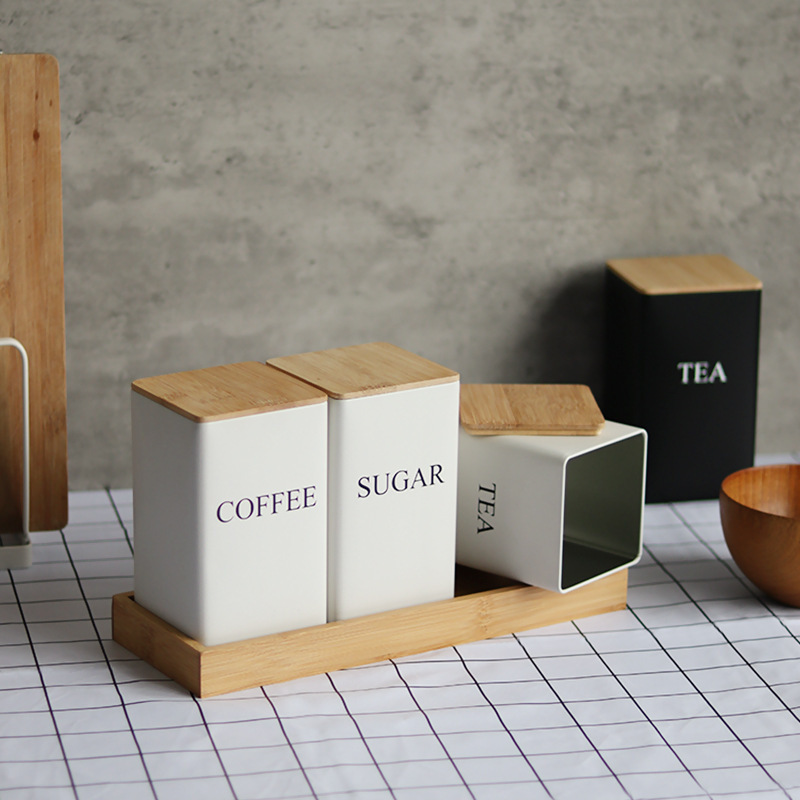 Japanese Style Simple Ins Bamboo Lid Iron Tea Can Snack Storage Coffee Bean Can Display Square Tea Bag Sealed Can