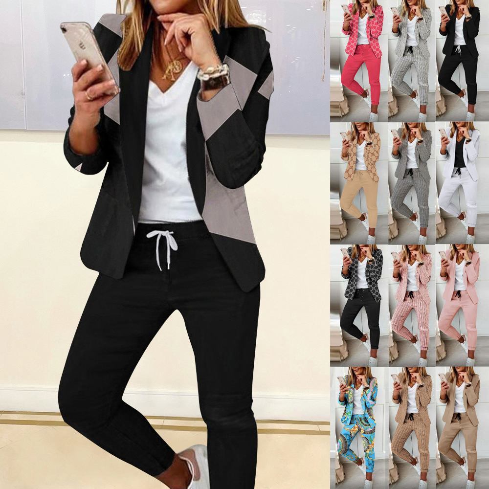 2023 Cross-border Autumn and Winter Hot Selling Amazon European and American Fashion Printed Long Sleeve Cardigan Casual Small Suit Suit for Women